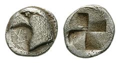 Kyme AR Hemiobol, c. 480-450 BC Kyme, Aeolis. AR Hemiobol (8 mm, 0.45 g), c. 480-450 BC. Obv. Head of eagle left, KY below. Rev. Quadripartite incuse square. SNG Aulock 1623. Very fine.