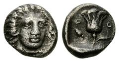 Rhodos AR Hemidrachm, c. 404-390 BC Rhodos. AR Hemidrachm (10-12 mm, 1.75 g), c. 404-390 BC. Obv. Head of Helios facing 3/4 to right. Rev. P - O, rose. SNG Keckman 368. Darkly toned. About very fine.