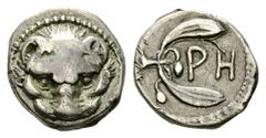 Rhegion AR Hemidrachm, c. 415-387 BC Rhegion, Bruttium. AR Hemidrachm (13 mm, 1.81 g), c. 415-387 BC. Obv. Facing lion-scalp. Rev. PH between two leaves of olive-sprig. SNG ANS 668; HN Italy 2498. Rar