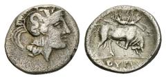 Thurioi AR Diobol, c. 350-300 BC Thurioi, Lucania. AR Diobol (13 mm, 1.12 g), c. 350-300 BC. Obv. Helmeted head of Athena right. Rev. ΘOYPIΩN, bull butting right, crowned by Nike flying above. Klein K