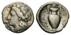 Lamia AR Hemidrachm, c. 400-350 BC Lamia, Thessaly. AR Hemidrachm (15 mm, 2.47 g), c. 400-350 BC. Obv. Head of Dionysos left, wearing ivy wreath. Rev. Amphora; ivy leaf above, prochous to right, ΛAMIE