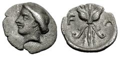 Olympia Hemiobol, head of Olympia / thunderbolt, very rare and ex BCD Olympia, Hera mint. AR Hemiobol (9 mm, 0.42 g), c. 350s BC. Obv: Head of Olympia left, her hair in roll. Rev: Thunderbolt with win