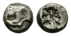 Kaunos AR 1 1/2 Obol (?), c. 500 BC Kaunos, Caria. AR 1 1/2 Obol (?) (8 mm, 1.12 g), c. 500 BC. Obv. Forepart of lion left. Rev. Incuse flower ornament. Cf. SNG Keckman 65. Very rare. Very fine. A ver