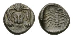 Mylasa AR Hemiobol, c. 450-400 BC Mylasa, Caria. AR Hemiobol (8 mm, 0.55 g), c. 450-400 BC. Obv. Facing forepart of Lion. Rev. Scorpion within incuse square. SNG Aulock 7803; Klein KM 429 (Milet). Dar