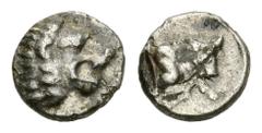 AR Hemiobol, uncertain Carian mint Caria, Incertum. AR Hemiobol (7 mm, 0.38 g), c. 450-380 BC. Obv. Lion's head right. Rev. Forepart of bull right, S (?) on body. SNG Kayhan -; SNG Keckman - ("Cherson