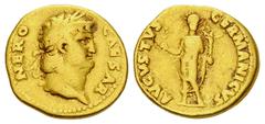 Nero Aureus, RIC 46 Nero (54-68 AD). Aureus (19 mm, 7.15 g), Roma (Rome), 64-68 AD. Obv. NERO CAESAR, laureate head right. Rev. AVGVSTVS GERMANICVS, Nero, radiate and togate, standing facing; holding 