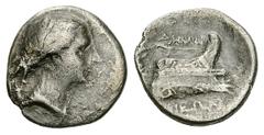 Demetrias AR Hemidrachm, c. 290 BC Demetrias, Thessaly. AR Hemidrachm (15 mm, 2.11 g), c. 290 BC. Obv. Bust of Artemis to right, quiver over her left shoulder, below monogram. Rev. ΔΗΜΗΤΡΙΕΩΝ, prow of