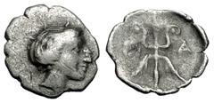 Olympia Hemiobol, nymph Olympia / thunderbolt, extremely rare, ex BCD Olympia, Hera mint. AR Hemiobol (8-9 mm, 0.34 g), 360 BC (the 105th Olympiad). Obv. Head of the nymph Olympia to right, wearing ea