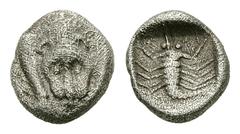 Mylasa AR Hemiobol, c. 450-400 BC Mylasa, Caria. AR Hemiobol (7-8 mm, 0.54 g), c. 450-400 BC. Obv. Facing forepart of Lion. Rev. Scorpion within incuse square. SNG Aulock 7803; Klein KM 429 (Milet). V