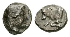 Hekatomnos AR Diobol, c. 392-376 BC Hekatomnos, Carian Satrap. AR Diobol (10 mm, 1.26 g), c. 392-376 BC. Obv. Bearded head of Hekatomnos right. Rev. Forepart of bull left. Winzer 13.1; SNG Cop. -. Dar