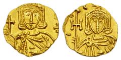 Constantine V, with Leo III, AV Tremissis Constantine V (741-775), with Leo III. AV Tremissis (13 mm, 1.22 g), Syracuse. Obv. Crowned facing bust of Leo, wearing slight beard and chlamys, and holding 