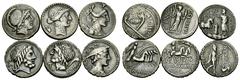 Lot of six Republican Denarii Lot of six Republican AR�Denarii. All diferent types. All with filed edges from mounting. Toned. One fine, the others very fine or good very fine. (6)