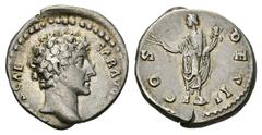 Marcus Aurelius AR Denarius Marcus Aurelius, as Caesar (138-161 AD). AR Denarius (17 mm, 3.13 g), Roma (Rome), 144-148 AD. Obv. AVRELIVS CAESAR AVG PII F, bare head right. Rev. COS DES II, Honos stand