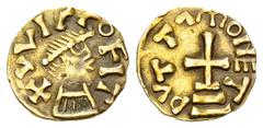 Merovingians, Quentovic, AV Tremissis Merovingians. Quentovic (Vicus in Pontio / Vic-en-Ponthieu, Pas-de-Calais). AV Tremissis (13 mm, 1.19 g).  Dutta, moneyer. C. 620-640 AD.  Obv. +VVICCO FIT, diade