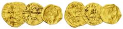 Lot of three AV Tremisses Byzantine. Lot of three AV Tremisses (1.34 g, 0.96 g, 1.00 g) of Iustinianus, Heraclius and Constantin IV. Two coins clipped. Fine. (2)
