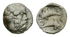 Thasos AR Hemiobol, c. 411-404 BC Islands off Thrace. Thasos. AR Hemiobol (8 mm, 0.36 g), c. 411-404 BC. Obv. Head of satyr right, with full head of hair . Rev. Two dolphins swimming in opposite direc