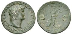 Nero AE As, Lugdunum mint Nero (54-68 AD). Æ As (28 mm, 11.51 g), Lugdunum, AD 67. Obv. IMP NERO CAESAR AVG P MAX TR PPP, Bare head of Nero right, globe at point. Rev. S - C, Victory flying left holdi