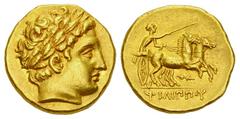 Philip II AV Stater, Pella mint Kings of Macedon. Philip II (359-336 BC). AV Stater (19 mm, 8.59 g), Pella, c. 323-315 BC. Obv. Laureate head of Apollo right. Rev. ΦΙΛΙΠΠΟΥ, Galloping biga driven righ