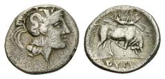 Thurioi AR Diobol, c. 350-300 BC Thurioi, Lucania. AR Diobol (13 mm, 1.12 g), c. 350-300 BC. Obv. Helmeted head of Athena right. Rev. ΘOYPIΩN, bull butting right, crowned by Nike flying above. Klein K