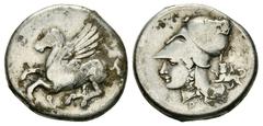 Corinth AR Stater, c. 300 BC Corinth, Corinthia. AR Stater (21-22 mm, 8.27 g), c. 300 BC. Obv. Pegasos flying left, Ϙ below. Rev. Head of Athena left, wearing laureate corinthian helmet; behind, chime