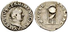 Vitellius AR Denarius, tripod reverse Vitellius (69 AD). AR Denarius (18-19 mm, 3.26 g), Roma (Rome). Obv. A VITELLIVS GERM IMP AVG TR P, laureate head right. Rev. XV VIR SACR FAC, tripod with dolphin