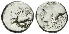 Corinth AR Stater, c. 300 Corinth, Corinthia. AR Stater (20 mm, 8.39 g), c. 300 BC. Obv. Pegasos flying left, Ϙ below. Rev. Head of Athena left, wearing laureate corinthian helmet; behind, Athena Prom