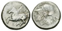 Corinth AR Stater, c. 300 BC Corinth, Corinthia. AR Stater (21 mm, 8.37 g), c. 300 BC. Obv. Pegasos flying left, Ϙ below. Rev. Head of Athena left, wearing laureate corinthian helmet; behind, Artemis 