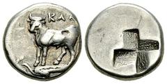 Kalchedon AR Triobol, c. 386-340 BC Kalchedon, Bithynia. AR Triobol (13 mm, 2.49 g), c. 386-340 BC. Obv. KAΛX, bull standing left on ear of corn. Rev. Quadratum incusum filled with dots. RG 291, 10; B