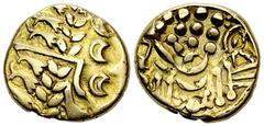 Durotriges AV Stater Celtic Britain. Durotriges. AV Stater (18 mm, 6.05 g), c. mid 1st Century BC. Obv. Devolved head of Apollo right. Rev. Disjointed horse left; pellets above, pellet below, pellet i