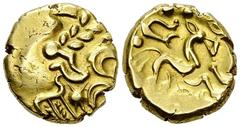 Suessiones AV Stater Celtic Gaul. Suessiones. AV Stater (17 mm, 6.09 g), c. 100 BC. Obv. Stylized head right. Rev. Stylized horseman right, wheel below. Delestrée/Tache 167. Obverse off-centre, otherw