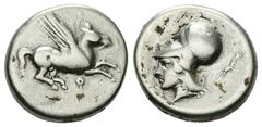 Corinth AR Stater, c. 300 BC Corinth, Corinthia. AR Stater (20-21 mm, 8.32 g), c. 300 BC. Obv. Pegasos flying right, Ϙ below. Rev. Head of Athena left, wearing corinthian helmet; behind, statue of nak