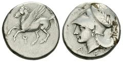 Corinth AR Stater, c. 300 BC Corinth, Corinthia. AR Stater (21-22 mm, 8.37 g), c. 300 BC. Obv. Pegasos flying left, Ϙ below. Rev. Head of Athena left, wearing laureate corinthian helmet; behind, ploug