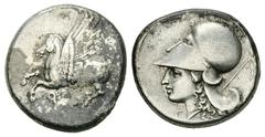 Corinth AR Stater, c. 300 BC Corinth, Corinthia. AR Stater (20-21 mm, 8.52 g), c. 300 BC. Obv. Pegasos flying left, Ϙ below. Rev. Head of Athena left, wearing corinthian helmet; behind, thyrsos, below