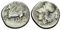 Corinth AR Stater, c. 300 BC Corinth, Corinthia. AR Stater (21 mm, 8.10 g), c. 300 BC. Obv. Pegasos flying left, Ϙ below. Rev. Head of Athena left, wearing laureate corinthian helmet; behind, mask of 