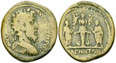 Marcus Aurelius AE38, Magnesia ad Maeandrum Marcus Aurelius (161-180 AD). AE38 (26.08 g), Magnesia ad Maeandrum, Ionia. Obv. ΑV ΚΑΙСΑΡ Λ... ΑY ΟVΗΡΟС, laureate, draped and cuirassed bust right, seen f