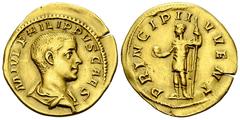 Philip II Aureus, RIC 218a Philippus I Arabs (244-249 AD) for Philippus II as Caesar. AV Aureus (20-21 mm, 3.48 g), Rome mint, 244-247 AD. Obv. M IVL PHILIPPVS CAES, Draped bust right. Rev. PRINCIPI I