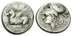 Corinth AR Stater, c. 300 BC Corinth, Corinthia. AR Stater (21-23 mm, 8.18 g), c. 300 BC. Obv. Pegasos flying left, Ϙ below. Rev. Head of Athena left, wearing laureate corinthian helmet; behind, boar 