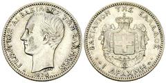 Greece, AR Drachma 1874 Greece. Georgios I (1863-1913). AR Drachma 1874 (5.00 g), Paris. Divo 53c. Very fine.