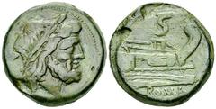 Roman Republic AE Semis, c. 211-210 BC Roman Republic. AE Semis 27 mm, 18.23 g), c. 211-210 BC. Obv. Laureate head of Saturn right; behind, S. Rev. Prow right; above, S; below, ROMA. Crawford 56/3; Sy