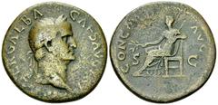 Galba AE Sestertius, Concordia reverse Galba (68-69 AD). AE Sestertius (33 mm, 21.45 g), Roma (Rome). Obv. IMP SER GALBA CAES AVG TR P. laureate head right. Rev: CONCORD AVG / S - C, Concordia seated 
