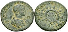 Caracalla AE35, Tarsos Caracalla (197-217 AD). AE35 (21.93 g), Tarsos, Cilicia, 215 AD. Obv. AVT KAI M AVP ANTWNЄINOC CЄB / Π - Π, bust right, wearing crown and garment of the demiurgos. Rev. ANTΩNIAN