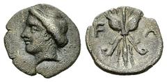 Olympia Hemiobol, head of Olympia / thunderbolt, very rare and ex BCD Olympia, Hera mint. AR Hemiobol (9 mm, 0.42 g), c. 350s BC. Obv: Head of Olympia left, her hair in roll. Rev: Thunderbolt with win