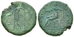 Sicyon Tetrachalkon, ex BCD Sicyon , Sycaonia. AE Tetrachalkon (17 mm, 4.31 g), 191-146 BC. Obv. Zeus, nude, standing left, holding Nike in his right hand and long scepter with his left; to left, mono