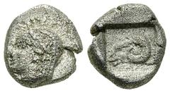 Kebren AR Diobol, c. 450 BC Kebren , Troas. AR Diobol (9 mm, 1.19 g), c. 450 BC. Obv. Diademed female head to left, wearing earring and necklace. Rev. Ram's head to left within incuse square. Rosen 53