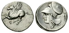 Corinth AR Stater, c. 300 BC Corinth, Corinthia. AR Stater, c. 300 BC. Obv. Pegasos flying left, Ϙ below. Rev. Head of Athena left, wearing corinthian helmet; behind, statue of Artemis with bow. Ravel