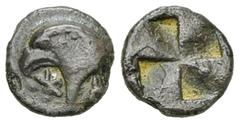 Kyme AR Hemiobol, c. 480-450 BC Kyme , Aeolis. AR Hemiobol (8 mm, 0.46 g), c. 480-450 BC. Obv. Head of eagle left, K below. Rev. Quadripartite incuse square. SNG Aulock 1623. Darkly toned. Very fine.
