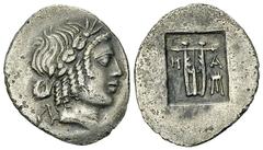 Masikytes AR Hemidrachm, c. 48-23 BC Masikytes , Lycia. AR Hemidrachm (15-16 mm, 11.88 g), c. 48-23 BC (?). Obv. Laureate head of Apollo right. Rev. Lyra; in fields, M-A; to right, A above tripod. Tro