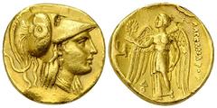 Alexander III AV Stater, Lifetime issue Kingdom of Macedon. Alexander III 'the Great' (356-323 BC). AV Stater (18 mm, 8.18 g). Lampsakos, circa 328-323 BC. Obv. Head of Athena right, wearing crested C