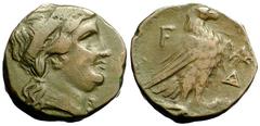 Olympia 2 Assaria, head of Hera / eagle, ex BCD Olympia, Elis. AE 2 Assaria (25 mm, 12.01 g), early 30s BC (?). Obv. Head of Hera right, wearing stephane. Rev. Eagle standing right on thunderbolt with
