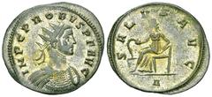 Probus AE Antoninianus, Ticinum Probus (276-282 AD). AE Antoninianus (20-22 mm, 2.43 g), Ticinum. Obv. IMP C PROBVS P F AVG, Radiate and cuirassed bust right. Rev. SALVS AVG, Salus seated left, feedin